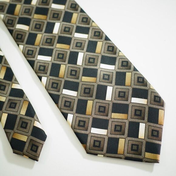 Alexander Julian Colours Black Beige Tan Geometric‎ Print Wide Silk Tie - Picture 1 of 6